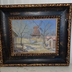 Antique Oil Painting Windmill Danish Norway P. Sainio